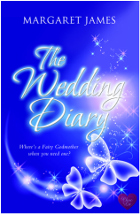 book cover for The Wedding Diary by Margaret James, a book edited by Romance Refined editor Rachel Daven Skinner. Book cover shows a drawing of whimsical butterflies aglow.