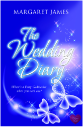 book cover for The Wedding Diary by Margaret James, a book edited by Romance Refined editor Rachel Daven Skinner. Book cover shows a drawing of whimsical butterflies aglow.
