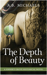 book cover for The Depth of Beauty by A.B. Michaels, a book edited by Romance Refined editor Rachel Daven Skinner. book cover shows a woman's back, bare except for a strand of black pearls trailing down to her tailbone. A Chinese building is in the background