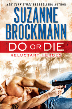 book cover for Do or Die by Suzanne Brockmann, showing a shirtless man on the ground pointing a gun, with a womanin the background surrounded by Florida palm trees in a storm