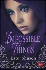 book cover for Impossible Things by Kate Johnson, a book edited by Romance Refined editor Rachel Daven Skinner. Book cover shows a close-up of a woman's face surrounded by a purple shawl. She has tattoos around one eye.