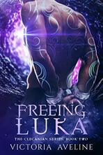 Book cover for Freeing Luka by Victoria Aveline, a sci-fi romance edited by Romance Refined editor Rachel Daven Skinner. Image of a muscular man's bank covered in swirling tattoos with his hands bound behind his back.