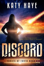Book cover for Discord by Katy Haye, a sci-fi young adult romance book edited by Romance Refined editor Rachel Daven Skinner. Book cover shows a young woman staring at a comet about to hit Earth.