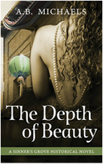 book cover for The Depth of Beauty by A.B. Michaels, a book edited by Romance Refined editor Rachel Daven Skinner. book cover shows a woman's back, bare except for a strand of black pearls trailing down to her tailbone. A Chinese building is in the background