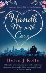 book cover for Handle Me with Care by Helen J Rolfe, a book edited by Romance Refined editor Rachel Daven Skinner. Illustration of a couple sitting on a bench looking at a city skyline at dusk